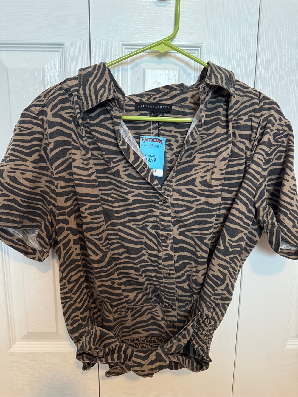 Jane and Delancey Black & Brown Zebra-Print Short Sleeve Button-Down